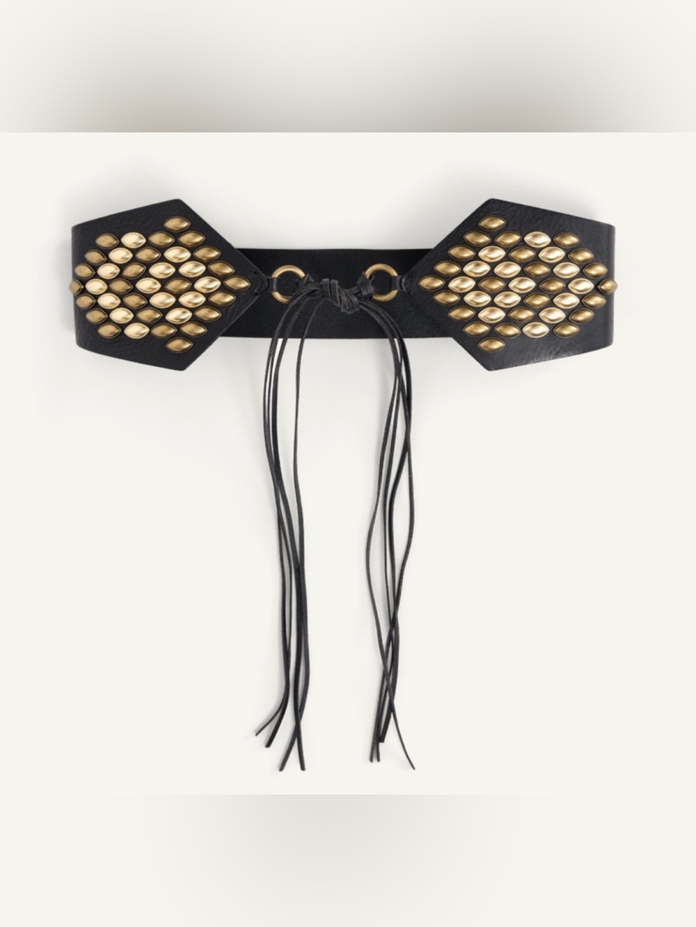 Zara limited edition Black Leather Studded Tie-Waist Belt with Gold Accents